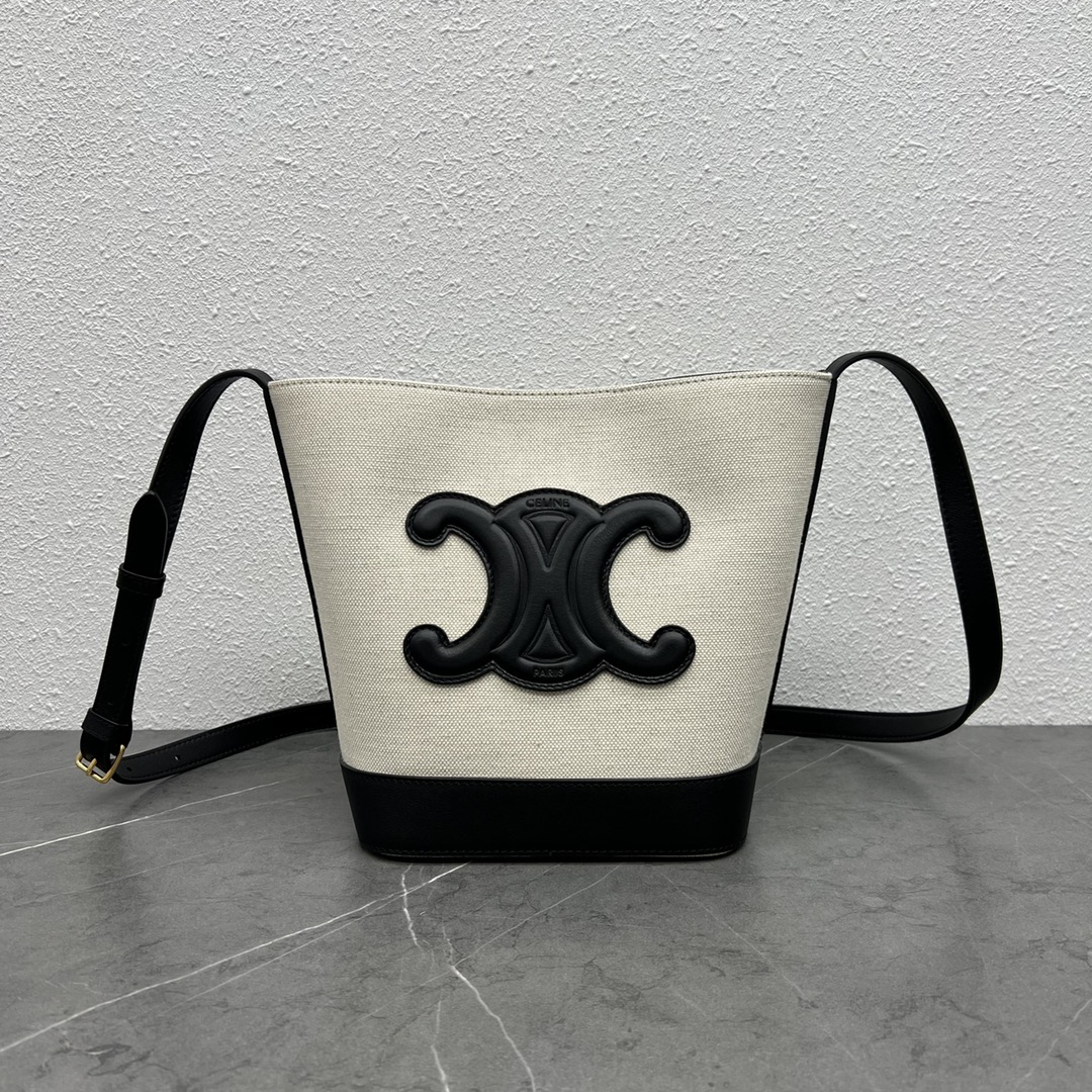 Celine Small Bucket Cuir Triomphe Shoulder Bag In Textile And Calfskin Beige/Black 198243